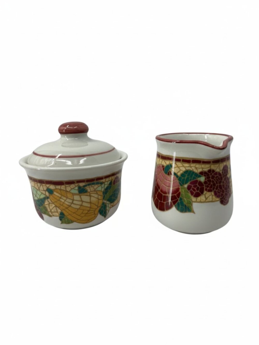 Pier 1 creamer and sugar canister set earthenware Mosaic Fruit Italy